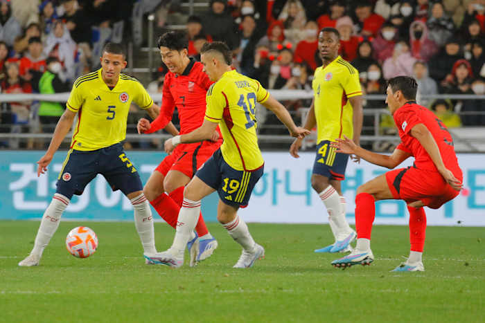 An action shot from South Korea's 2-2 draw with Colombia in March 2023